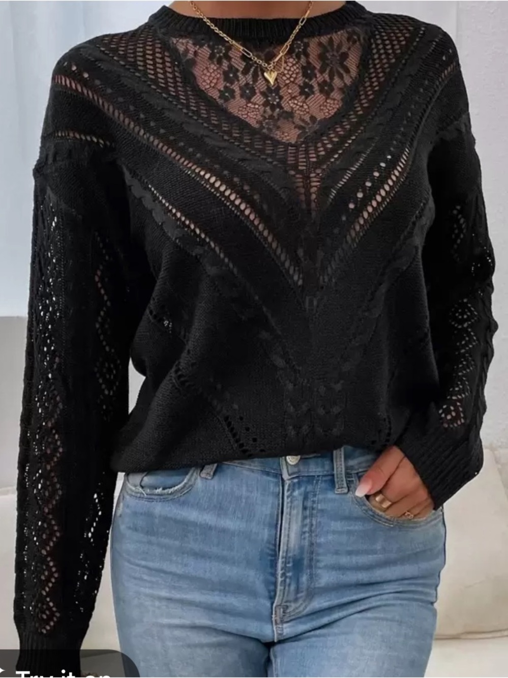 SHEIN Black Light Weight sweater w/Lace feature - Picture 2 of 6